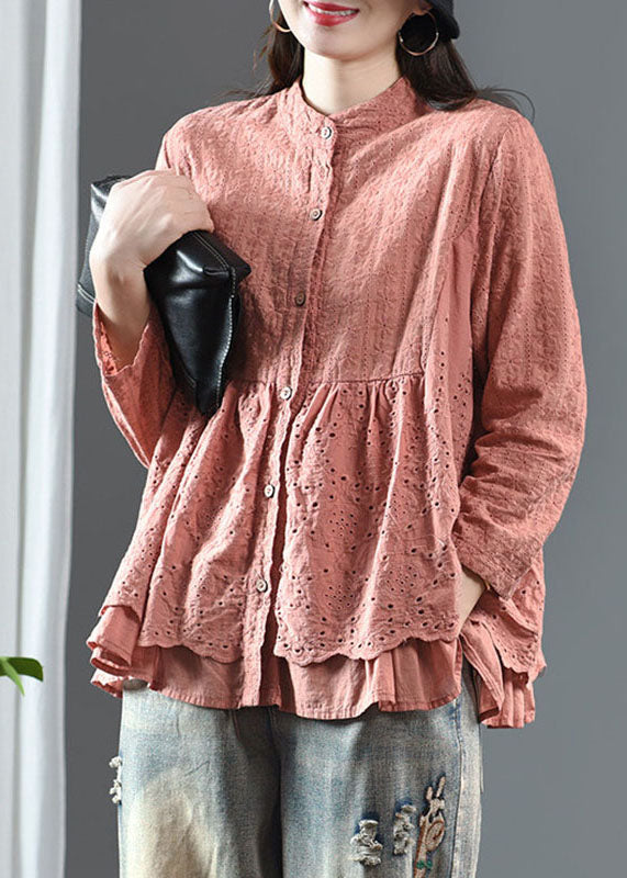 Handmade Pink O-Neck Patchwork Tops Fall