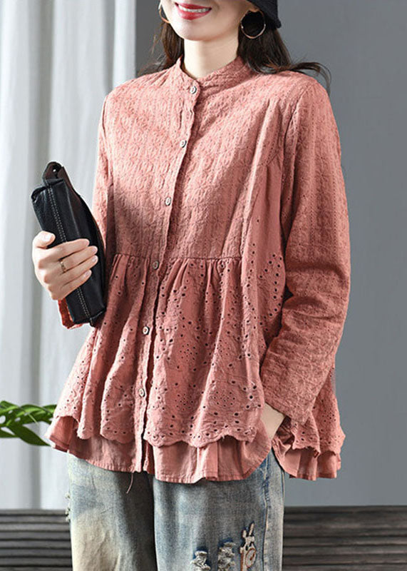 Handmade Pink O-Neck Patchwork Tops Fall