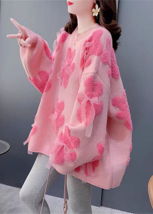 Handmade Pink Oversized Floral Knit Bow Sweater Winter