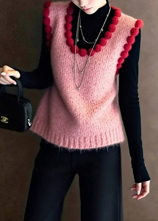 Handmade Pink Oversized Fuzzy Ball Decorated Knitted Vests Winter