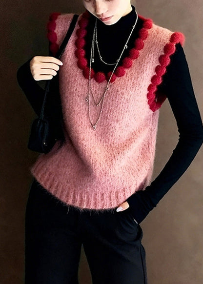 Handmade Pink Oversized Fuzzy Ball Decorated Knitted Vests Winter