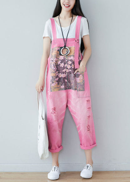 Handmade Pink Print Denim Straight Jumpsuits Spring