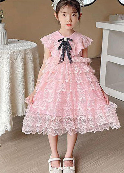 Handmade Pink Ruffled Layered Patchwork Lace Kids Girls Dress Summer