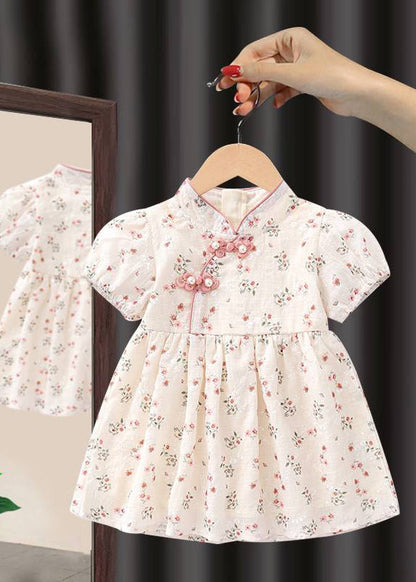 Handmade Pink Stand Collar Print Kids Maxi Dresses Short Sleeve