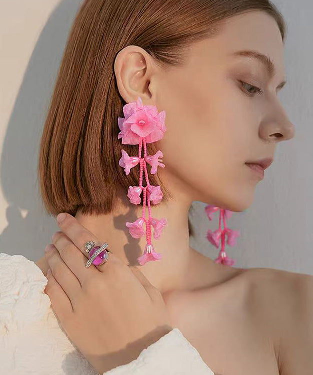 Handmade Pink Tulle Floral Long Stud Earrings