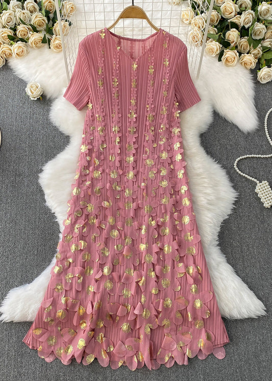 Handmade Pink V Neck Floral Wrinkled Cotton Dresses Summer