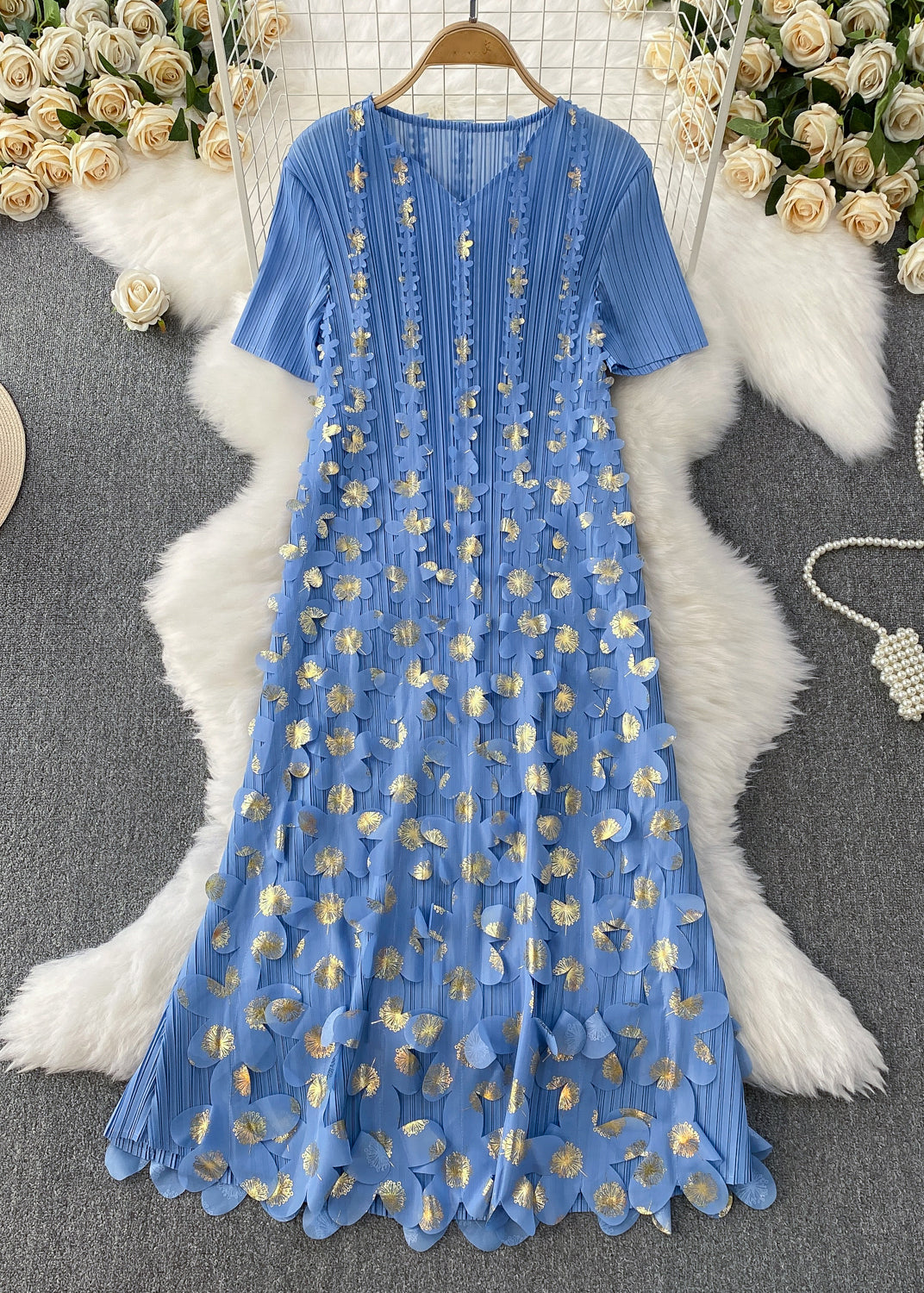 Handmade Pink V Neck Floral Wrinkled Cotton Dresses Summer