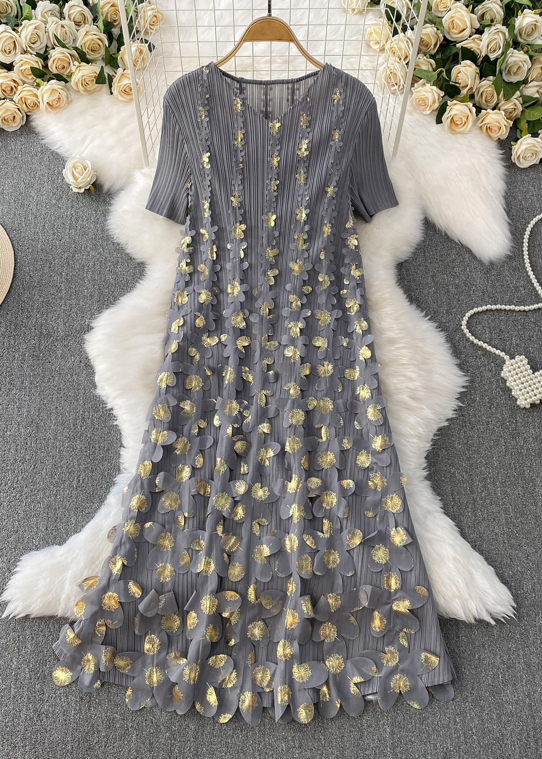 Handmade Pink V Neck Floral Wrinkled Cotton Dresses Summer