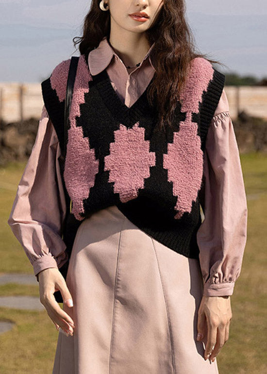 Handmade Pink V Neck Jacquard Knit Vest Sleeveless