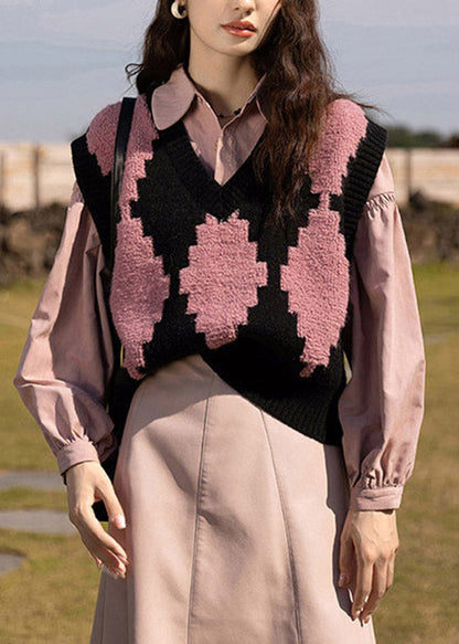 Handmade Pink V Neck Jacquard Knit Vest Sleeveless