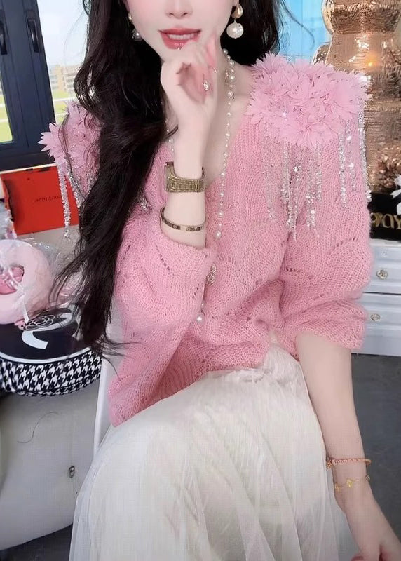 Handmade Pink V Neck Tasseled Hollow Out Knit Sweaters Fall