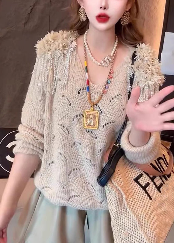 Handmade Pink V Neck Tasseled Hollow Out Knit Sweaters Fall