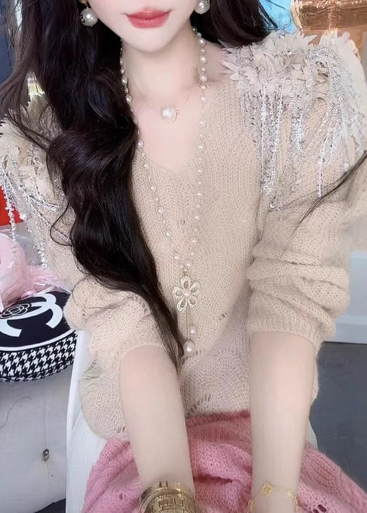 Handmade Pink V Neck Tasseled Hollow Out Knit Sweaters Fall