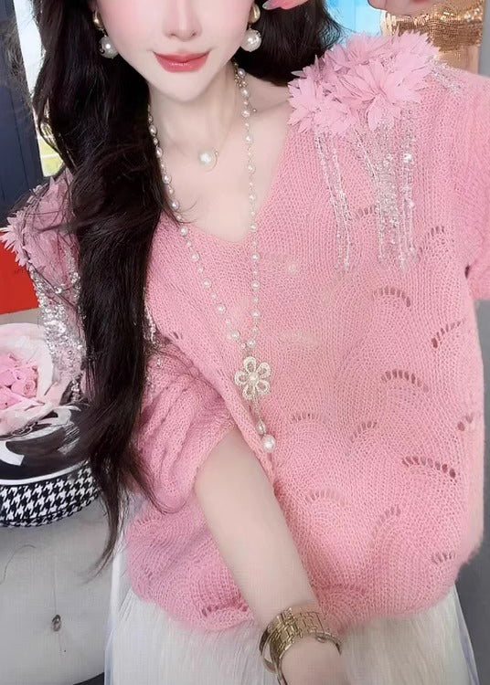 Handmade Pink V Neck Tasseled Hollow Out Knit Sweaters Fall