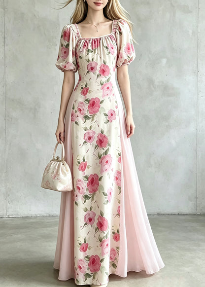 Handmade Pink Wrinkled Tulle Patchwork Maxi Dress Summer