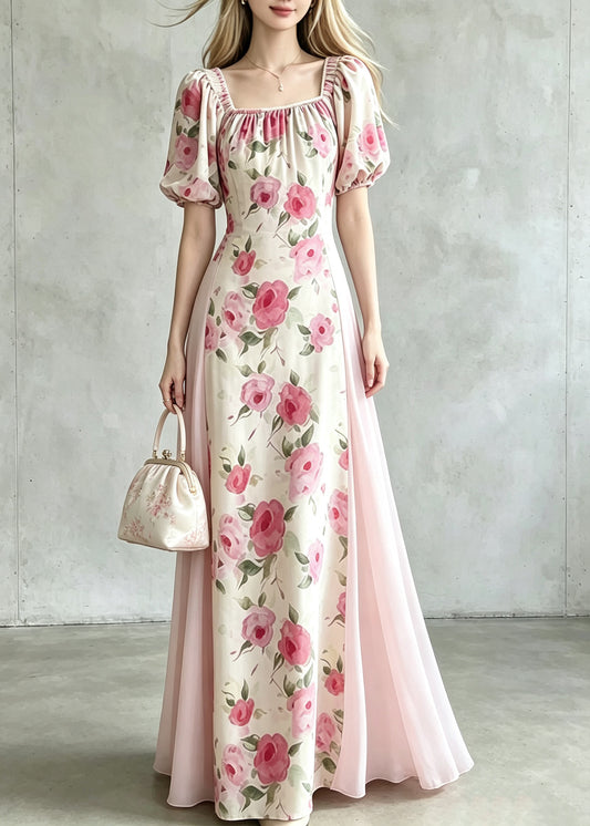 Handmade Pink Wrinkled Tulle Patchwork Maxi Dress Summer