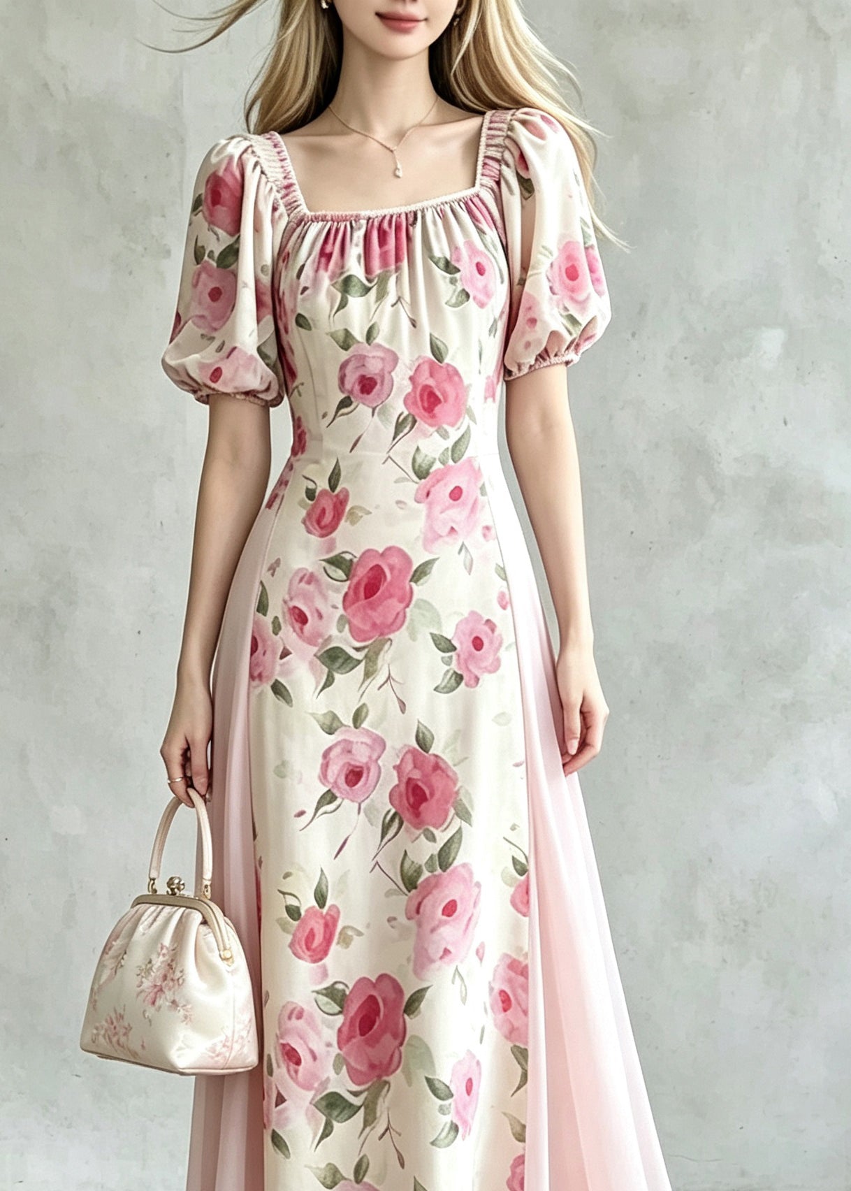 Handmade Pink Wrinkled Tulle Patchwork Maxi Dress Summer