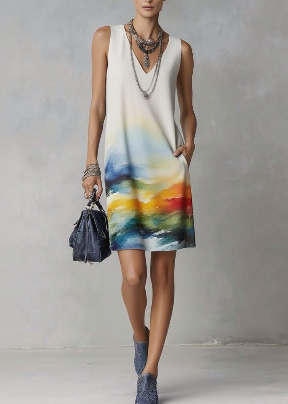 Handmade Print Mid Dresses V Neck Pockets Sleeveless