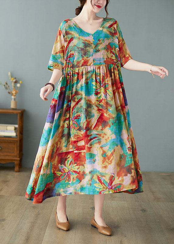 Handmade Print V Neck Patchwork Pockets Summer Long Dresses Half Sleeve - SooLinen