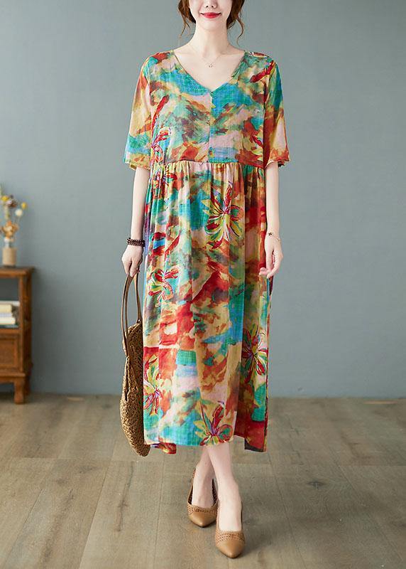 Handmade Print V Neck Patchwork Pockets Summer Long Dresses Half Sleeve - SooLinen