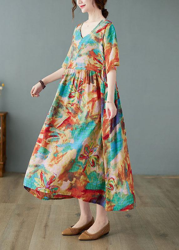 Handmade Print V Neck Patchwork Pockets Summer Long Dresses Half Sleeve - SooLinen