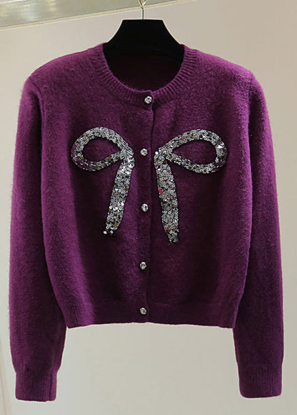 Handmade Purple Bow Nail Bead Sequins Cotton Knit Sweaters Winter