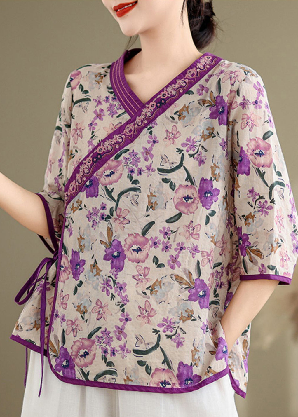 Handmade Purple Embroidered Print Linen Shirt Top Half Sleeve