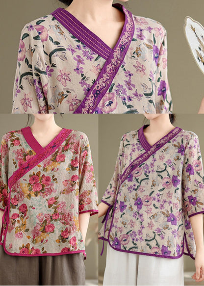 Handmade Purple Embroidered Print Linen Shirt Top Half Sleeve