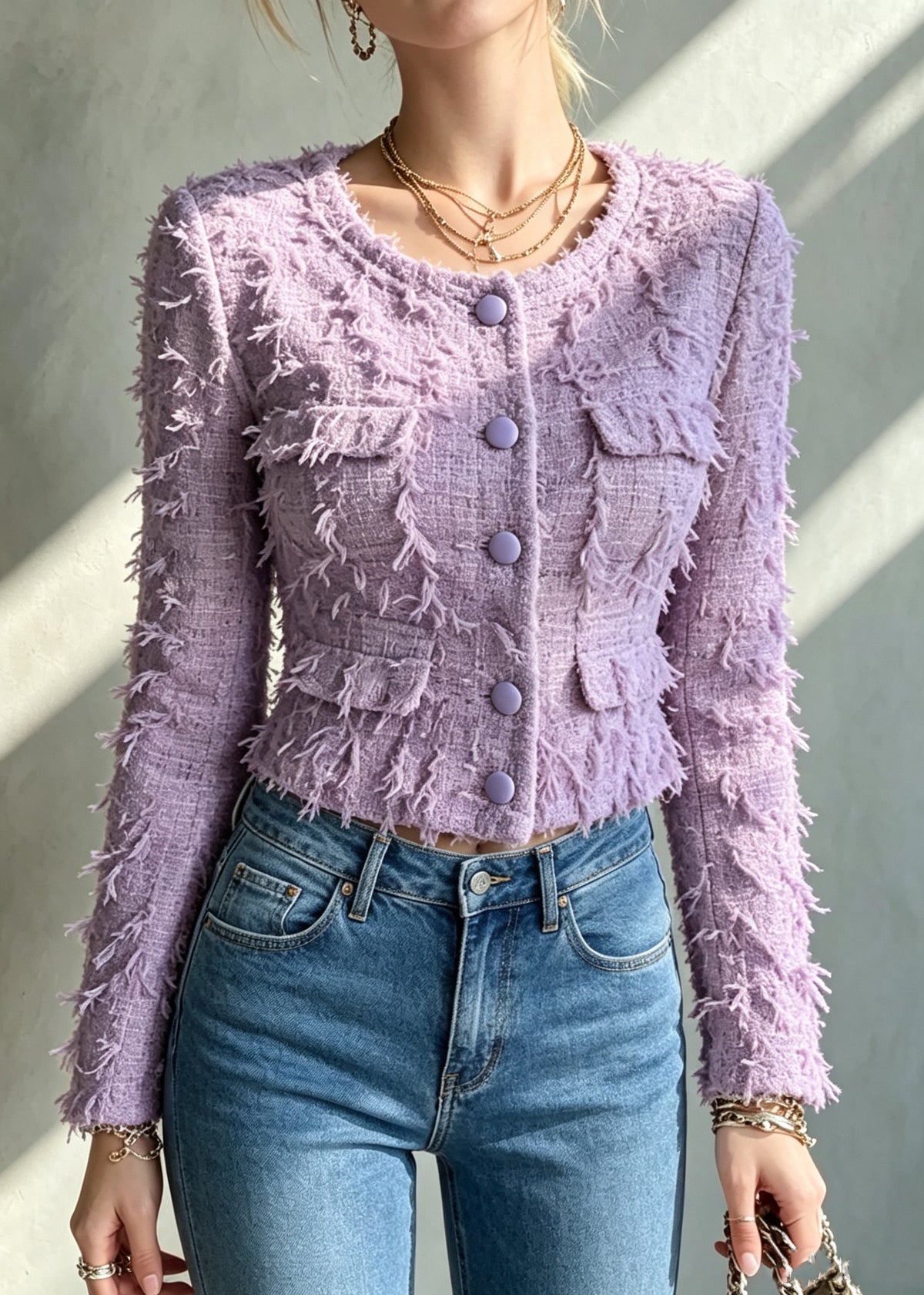 Handmade Purple O-Neck Button Tassel Coats Fall