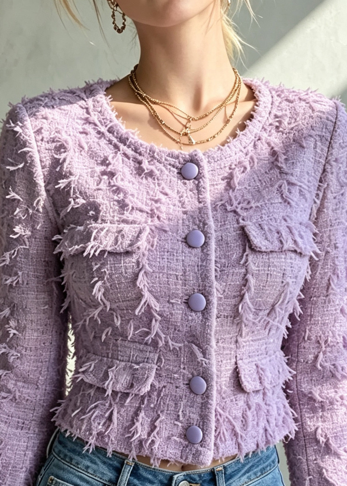 Handmade Purple O-Neck Button Tassel Coats Fall