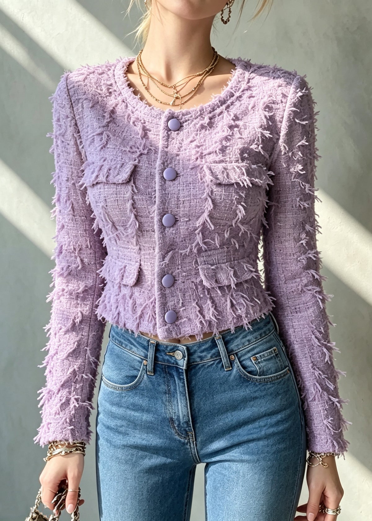 Handmade Purple O-Neck Button Tassel Coats Fall