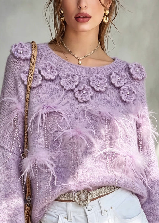 Handmade Purple O-Neck Floral Cotton Knit Sweater Fall