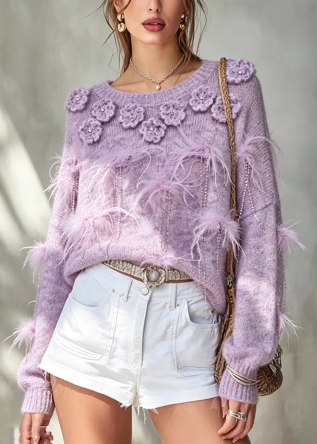 Handmade Purple O-Neck Floral Cotton Knit Sweater Fall