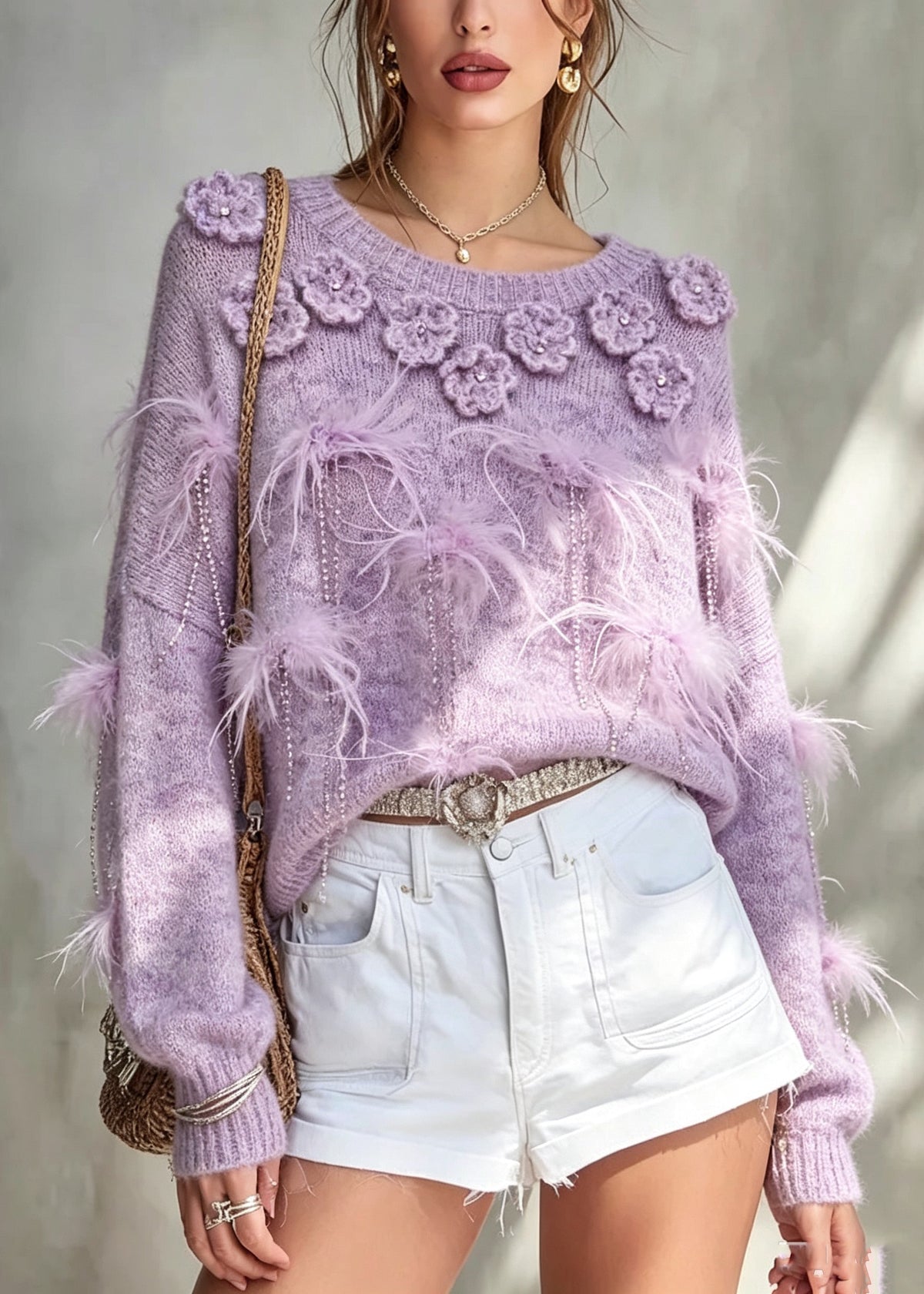 Handmade Purple O-Neck Floral Cotton Knit Sweater Fall