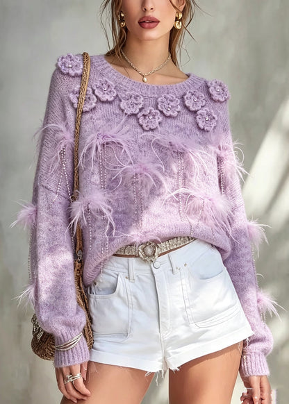 Handmade Purple O-Neck Floral Cotton Knit Sweater Fall