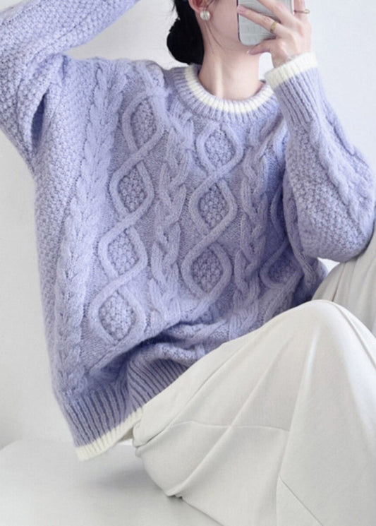 Handmade Purple O-Neck Solid Cotton Knit Sweater Fall