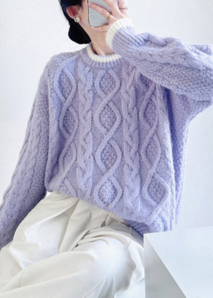Handmade Purple O-Neck Solid Cotton Knit Sweater Fall