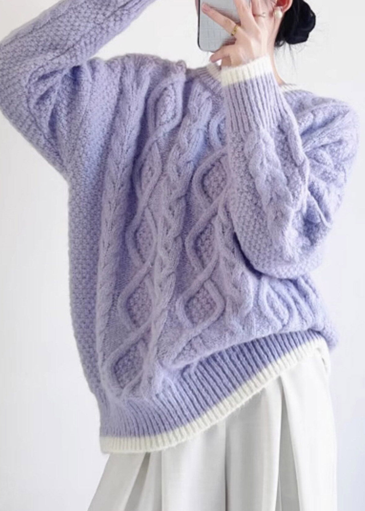 Handmade Purple O-Neck Solid Cotton Knit Sweater Fall