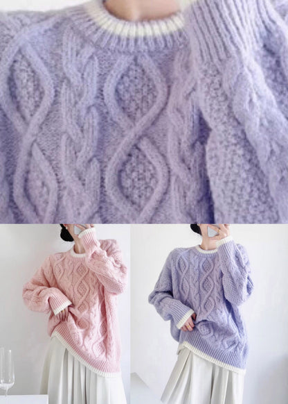 Handmade Purple O-Neck Solid Cotton Knit Sweater Fall