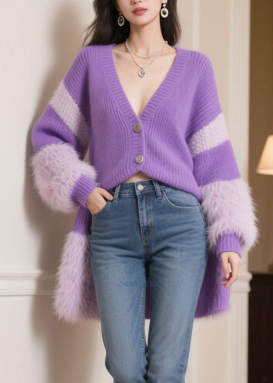 Handmade Purple Oversized Patchwork Faux Fur Knit Cardigans Winter