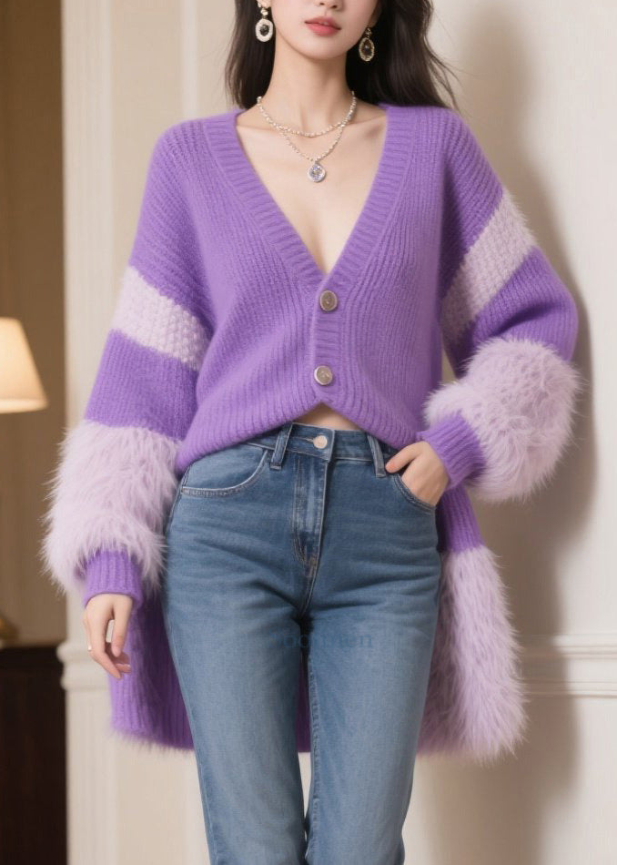 Handmade Purple Oversized Patchwork Faux Fur Knit Cardigans Winter