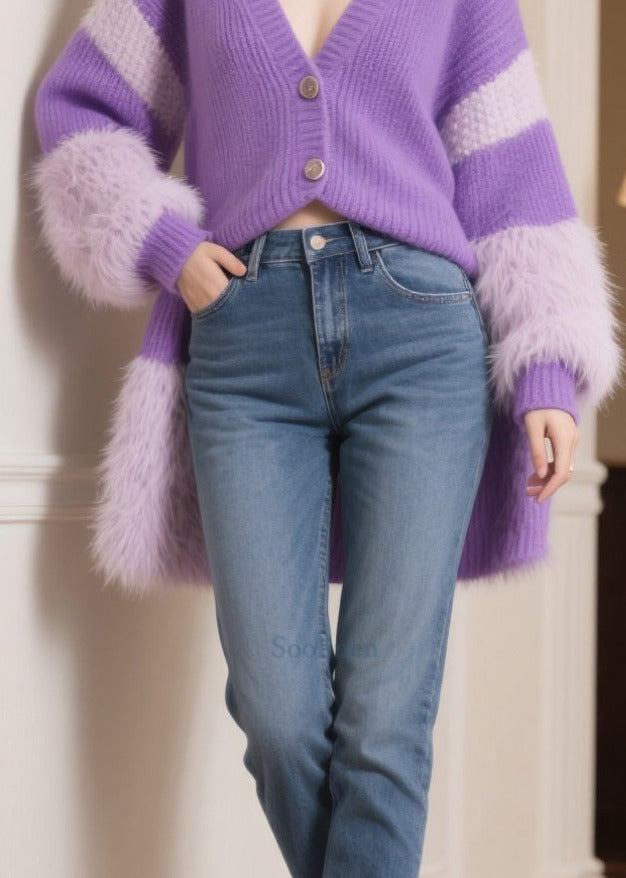 Handmade Purple Oversized Patchwork Faux Fur Knit Cardigans Winter