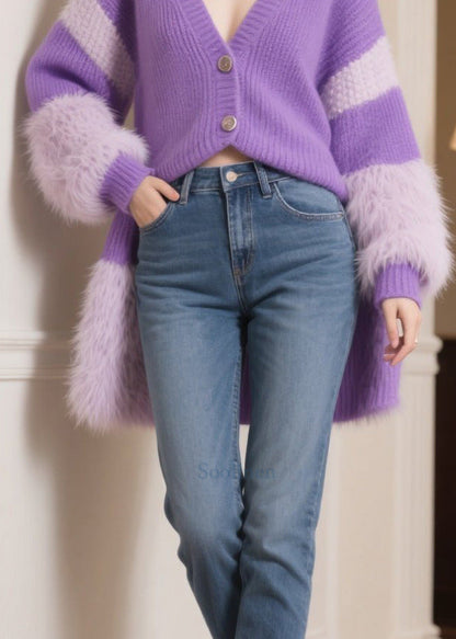Handmade Purple Oversized Patchwork Faux Fur Knit Cardigans Winter