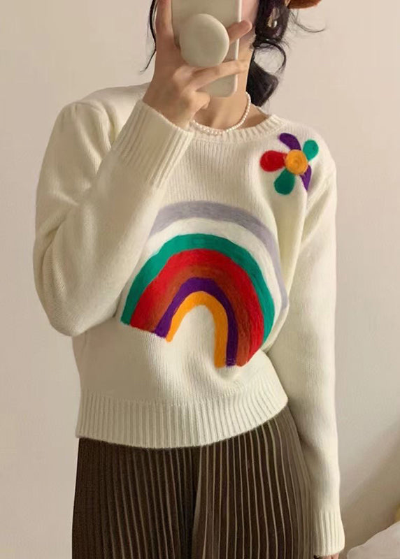 Handmade Rainbow Embroidered Warm Knit Sweaters Winter