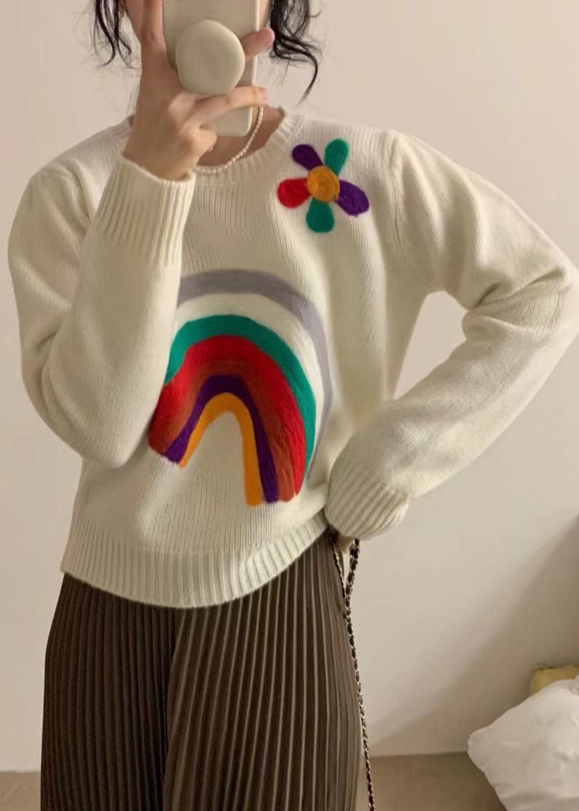 Handmade Rainbow Embroidered Warm Knit Sweaters Winter