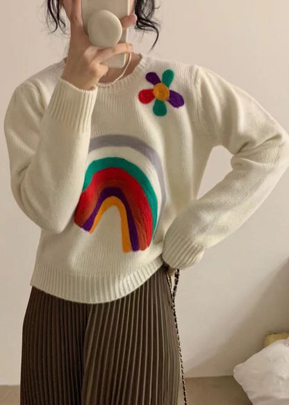 Handmade Rainbow Embroidered Warm Knit Sweaters Winter