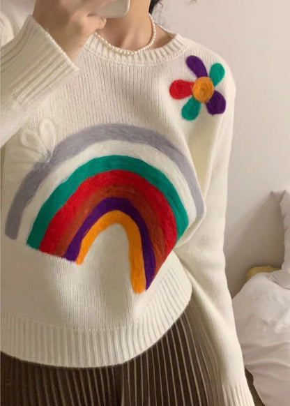 Handmade Rainbow Embroidered Warm Knit Sweaters Winter