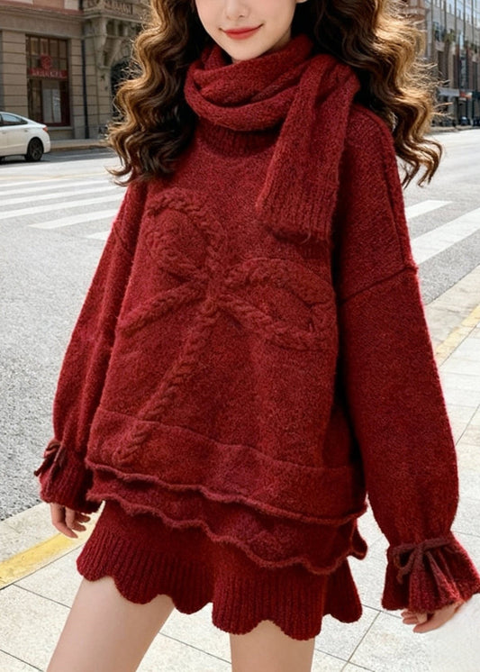 Handmade Red Bow Jacquard Thick Knit Three Piece Set Outfits Winter