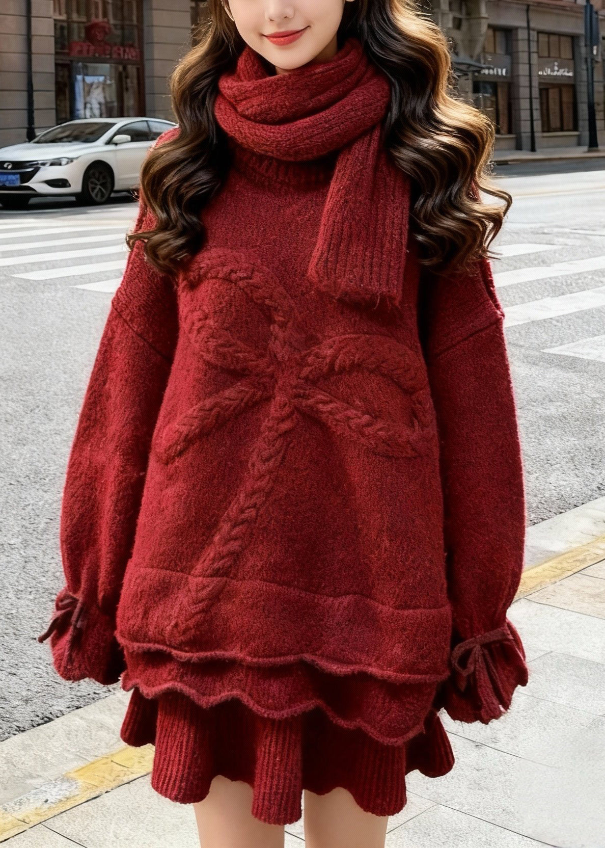 Handmade Red Bow Jacquard Thick Knit Three Piece Set Outfits Winter