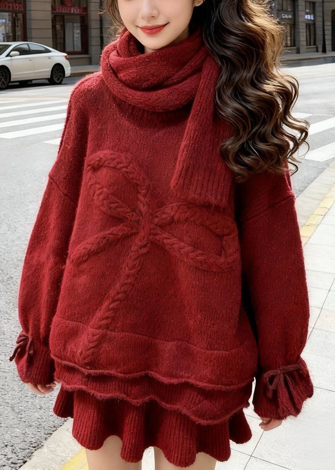 Handmade Red Bow Jacquard Thick Knit Three Piece Set Outfits Winter